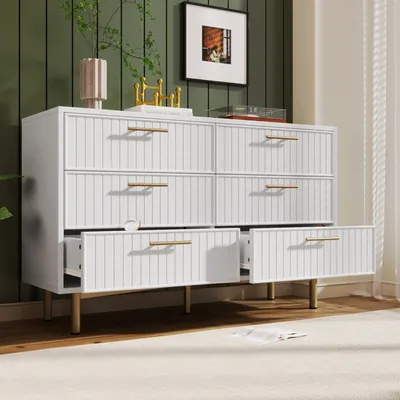 Image de OKWISH Commode - Buffet Rangement Moderne avec 6 Tiroirs, Meuble en MDF et Panneau de Particules, 120x40x75 cm, Blanc