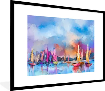 Produktbild von MuchoWow® Gerahmtes Poster Malerei - Boote - Wasser 80x60 cm - Poster mit Schwarzem Bilderrahmen Wandposter Rahmen Foto Bilder - Schlafzimmer-Dekorationen - Fotoposter