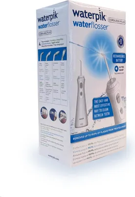 The image shows the retail packaging of a Waterpik Cordless Plus water flosser.