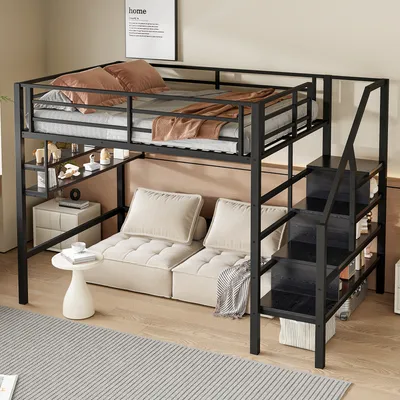 A loft bed with a sofa underneath, set up in a bedroom.