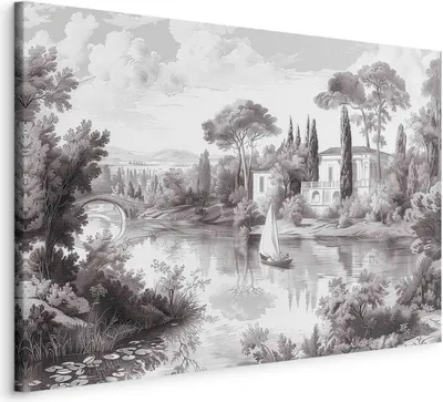 Produktbild von Vliesstoff Leinwandbild - Black and White Vintage Landscape Retro View of a Pond with a Boat 120x80 cm Landschaften c-H-10047-b-a