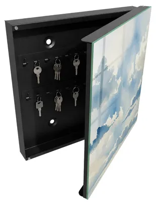 Produktbild von Schwarzer Schlüsselschrank aus Metall 30 x 30 cm - Schlüsselbox zur Wandmontage mit Tür - rechts öffnender Schlüsselkasten - praktische Schlüsselaufbewahrung für Zuhause - Wolken am Himmel, KI-generiertes Bild