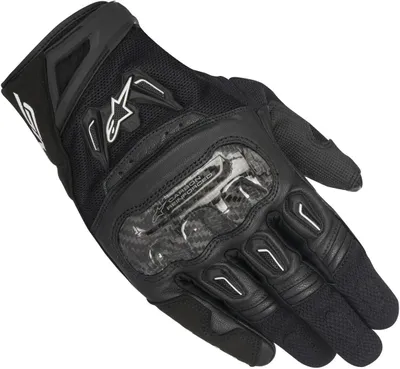 A black motorcycle glove with carbon fiber accents.
