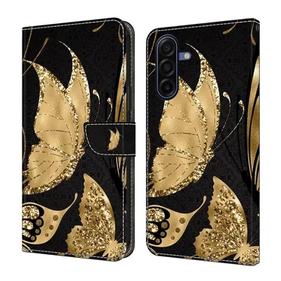 Produktbild von CLM-Tech Handyhülle kompatibel mit Samsung Galaxy A17 5G Hülle - Tasche aus Kunstleder - Klapphülle mit Ständer und Kartenfächern - Schutzhülle Wallet Case Cover goldene Schmetterlinge