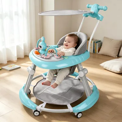 Produktbild von 4in1 Lauflernhilfe Babywalker Spiel- und Lauflernwagen Gehfrei Babywippe mit Musik,Spielecenter,Markise, Klappbar Laufhilfe babys ab 6 Monaten Blau
