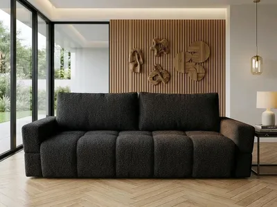 Obrázek produktu pro NORDELO Rozkládací pohovka s úložným prostorem, model RIVELLO, rozměry 230x83x80 cm, barva černá – rozkládací pohovka pro 3 osoby s úložným prostorem – potah: bouclé / chenille ARENA