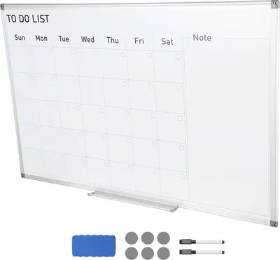 Image de SucceBuy Tableau blanc magnétique de calendrier 36 x 24 pouces, tableau blanc d'agenda mensuel effaçable à sec avec plateau mobile, y compris 1 gomme magnétique et 2 marqueurs effaçables à sec, idéal pour une utilisation au mur au restaurant, au bureau, à la maison ou à l'école