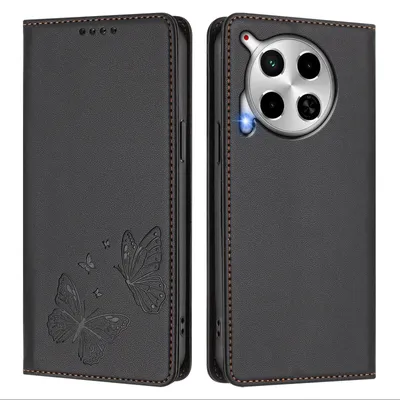 Produktbild von Lederhülle für Tecno Camon 30 4G/Camon 30 5G, Schmetterling Prägung Leder Brieftasche Schutzhülle mit Ständer Schwarz