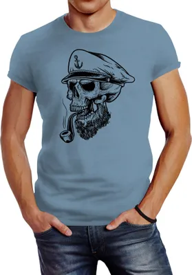 Produktbild von Herren T-Shirt Captain Skull Beard Kapitän Totenkopf Bard Sailor Schädel Slim Fit Neverless® stone blue XXL