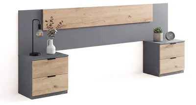 Imagen del producto de duehome -Cabecero para cama de 135-150 cm y 2 mesitas con cajones Akari