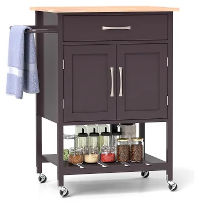 A kitchen cart with a wooden top, a drawer, a cabinet with two doors, and a lower shelf filled with jars.