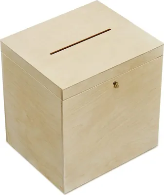 A light wood box with a slot on top and a small lock on the side, presented against a white background.