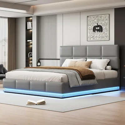 Produktbild von Gepolstertes Bett 180 x 200 cm (hellgraues Kunstleder): Doppelbett für Erwachsene/Jugendliche, LED-Beleuchtung, hydraulisch hochklappbarer Stauraum, Lattenrost