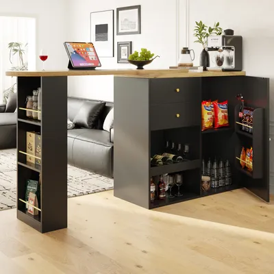 A modern kitchen island bar setup in a living room, featuring storage and a countertop.