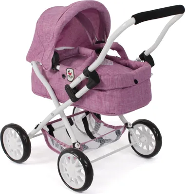 A pink doll stroller is shown against a white background.