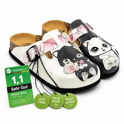 Produktbild von GOBY Clogs Damen Hausschuhe – Handgefertigte Premium Pantoletten mit buntem Print, Imitationsleder, EVA-Sohle
