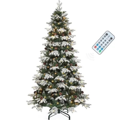 Produktbild von 180cm Künstlicher Weihnachtsbaum mit Schnee & 300 LED Beleuchtung & 29 Kiefernzapfen, ca. 900 Spitzen, Tannenbaum mit Metallständer