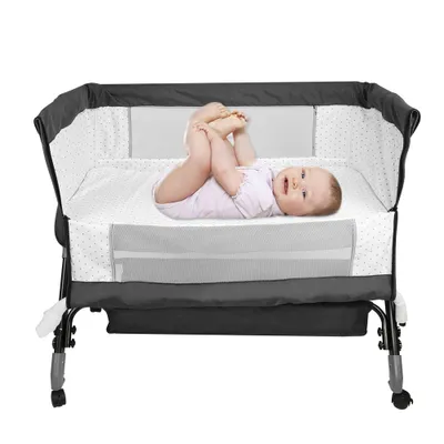 Produktbild von 3 in 1 Beistellbett Babywiege Reisebett,Babybetten ab Geburt bis 25 kg, 4-stufig Höhenverstellbares Babybett,neigbar,Kinderbett inkl. Matratze Schwarz