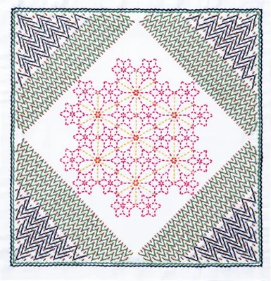 Zdjęcie produktu dla Zestaw do haftu Olympus Hitomezashi Kugurizashi Sashiko "Hana Fukin Nadeshiko", tkanina drukowana, 34x34cm, oryginał z Japonii