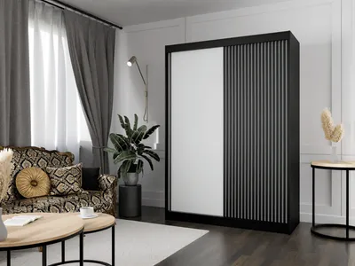 Produktbild von Kleiderschrank Lili mit Lamellen 200 cm inklusive 2 Schiebetüren Schwebetürenschrank Kleiderstange Garderobe Schrank Lieferung bis in die Wohnung (Farbe: schwarz, weiß, Lamelle schwarz)