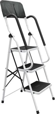 Produktbild von Unyqoos® 3-stufige Klappleiter aus Stahl, 52×63,5×131 cm, Tritt 38×26 cm, 150 kg Traglast, Antirutsch-Tritte, Sicherheitsgeländer, abnehmbare Werkzeugtasche