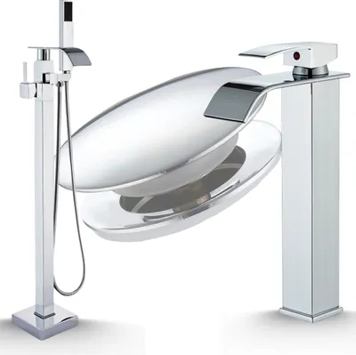 Produktbild von Badewannenarmatur Ari freistehend, Wasserfall Auslauf 360 Grad schwenkbar, Keramikkartusche, Chrom, inklusive Handbrause