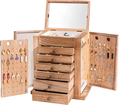 Image de Boîte à bijoux en bois - Rangement à bijoux - Organisateur à bijoux - 7 compartiments avec miroirs - 28 x 33 cm - Naturel