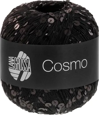A ball of black yarn with sequins, with a black label around it.