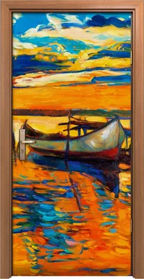Produktbild von Türposter 90x200 cm Türaufkleber Türtapete Türfolie Klebefolie Sonnenuntergang Boot Pier See Malerei
