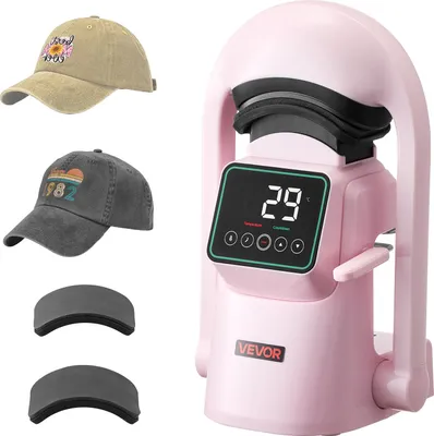 Image de Presse à chaleur automatique pour chapeaux VEVOR avec 2 plaques interchangeables, ouverture et desserrage automatiques, écran tactile pour le réglage du temps et de la température, pression de transfert de chaleur pour casquettes chapeaux, rose