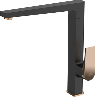 A black and gold kitchen faucet is shown against a white background.