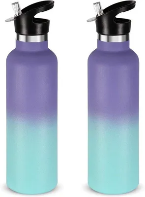 Produktbild von 750 ml Doppelwandige Vakuum-Isolierte Thermosflasche mit Röhrchen - Lila-Blaufarbiger Farbwechsel - Set aus 2 - Kinder, Sport, Schule, Outdoor