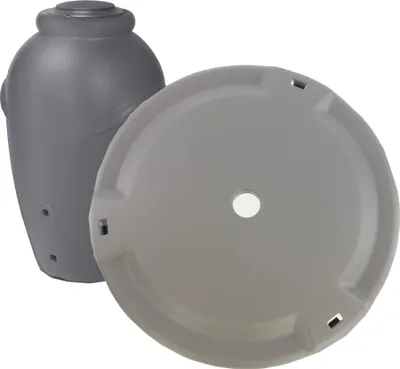 A gray plastic lid and a gray plastic rain barrel are shown against a white background.