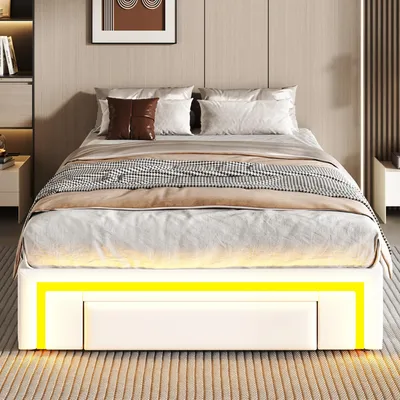 Produktbild von Bettgestell 90 x 200 cm aus Kunstleder mit Schubladen, LED-Lichtleiste und Metalllattenrost, ohne Kopfteil, Weiß