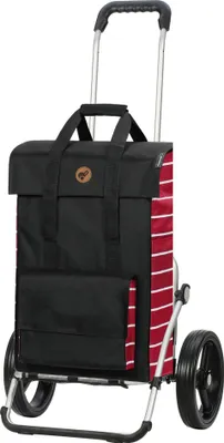 A shopping trolley with a black bag and red and white striped side.