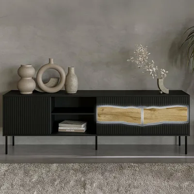 Image de Luvinate - Meuble TV noir 190x40x62 cm, 2 étagères