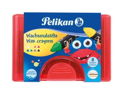 Image de Crayons de cire Pelikan résistants à l'eau Etui plastique avec 8 crayons triangulaires épais et grattoir
