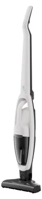 A studio shot of a white and black cordless vacuum cleaner against a white background.