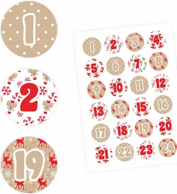 A collection of round stickers with numbers for an advent calendar, featuring Christmas-themed designs.