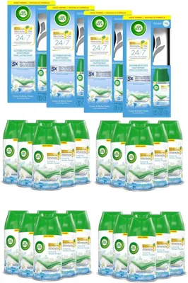 Produktbild von Air Wick Freshmatic Max – Starter-Set mit 4 Geräten und 28 Nachfüller – Batteriebetrieben – Duft: Baumwolle & Weißer Flieder – 28 x 250 ml Nachfüller + 4 x Gerät in Schwarz
