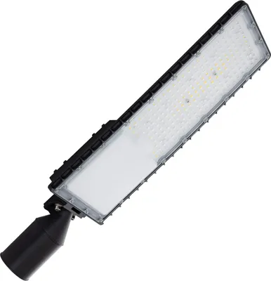 A black and white LED street light is shown against a white background.