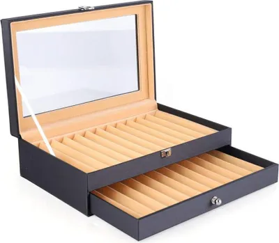 A black pen display case with a clear lid and two drawers, each with multiple slots for pens.