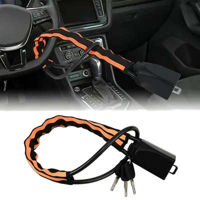 Image de Verrouillage de volant avec bandes réfléchissantes - Sangle de sécurité universelle - Protection antivol jusqu'à 43 cm - Crochet de verrouillage en acier inoxydable - Acier de haute qualité - Protection du volant