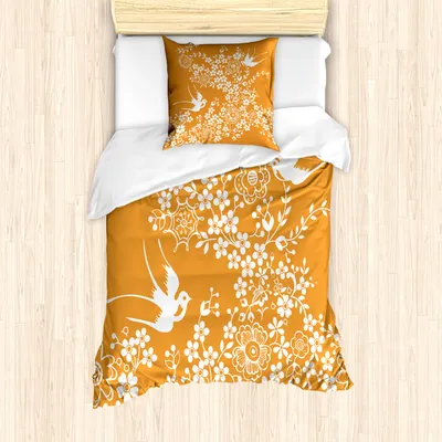 Produktbild von ABAKUHAUS Orange Bettbezug Set für Einzelbetten, Japanische Baumvögel, Milbensicher Allergiker geeignet mit Kissenbezug, Ringelblume Weiß