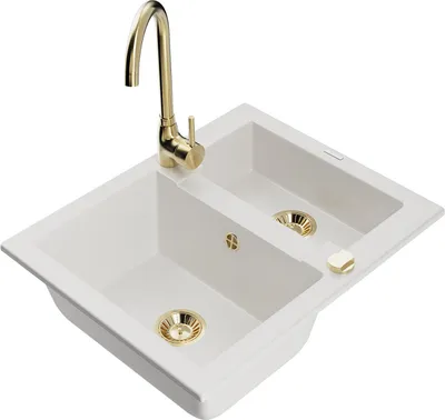Produktbild von Mexen Carlos 1,5-Becken-Granitspüle mit Mischbatterie Telma, Weiß - 6518-20-670200-50