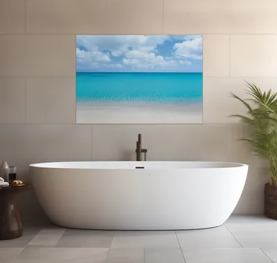 Produktbild von Wallario wasserfestes Poster selbstklebend 70 x 100 cm, Sandstrand und blaues Meer, Badezimmerposter Spritzschutz mit Hochglanzoberfläche in Glasoptik