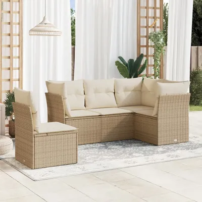 Produktbild von Schlichtes 5-tlg. Garten-Sofagarnitur,Lounge-Gartenmöbel, Gartensofa Set mit Kissen Beige Poly Rattan DE2571