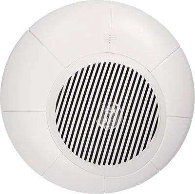 A white, circular device with a grille in the center, likely a speaker or alarm.