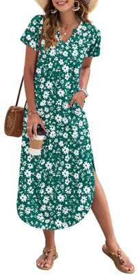 Produktbild von AUSELILY Damen Sommer Maxikleid Kurzarm V-Ausschnitt Lockeres Strandkleid mit Se