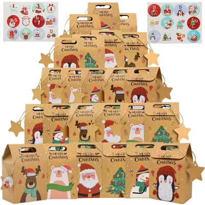 Produktbild von Geschenktüten Weihnachten 24 Stück Kraftpapier Adventskalender Geschenkboxen mit Aufklebern und Etiketten 14x9,4x6cm